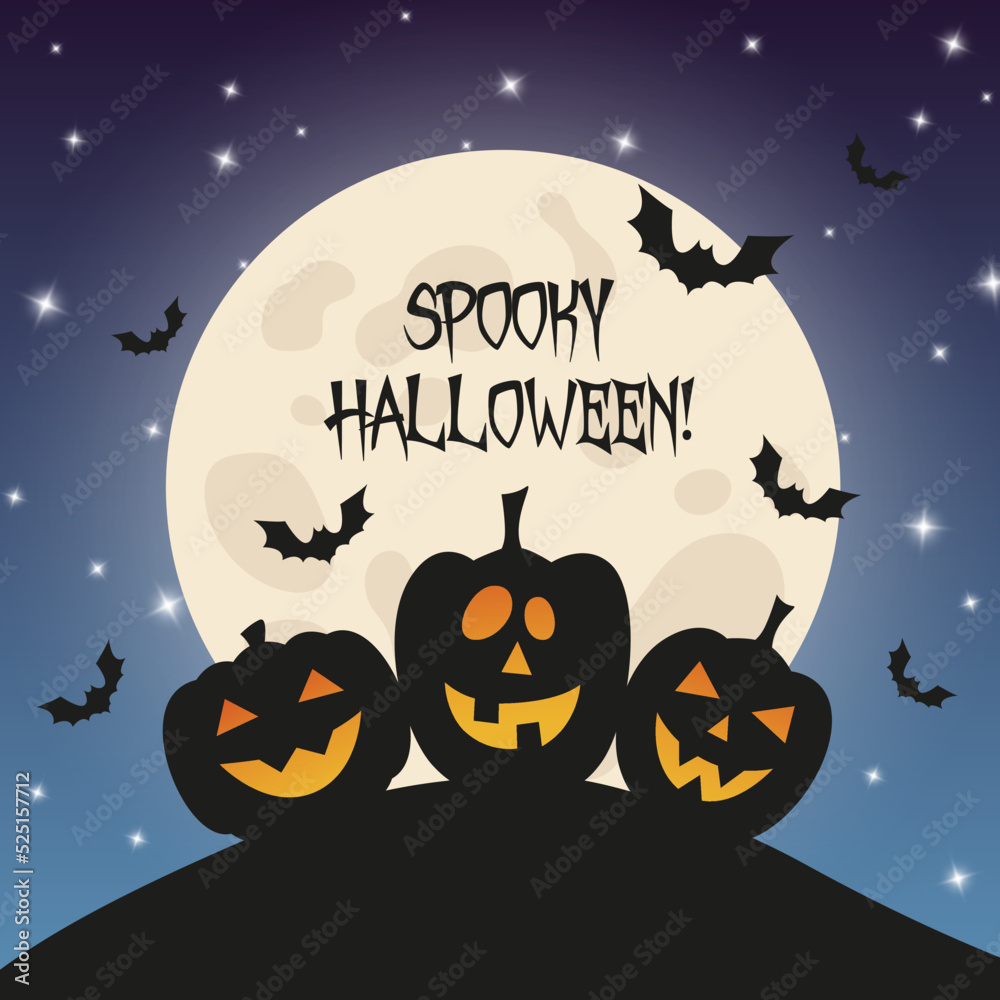 Fototapeta premium Halloween spooky pumpkins with a big moon and bats on the night sky background. Silhouettes vector illustration for holiday web and print designs