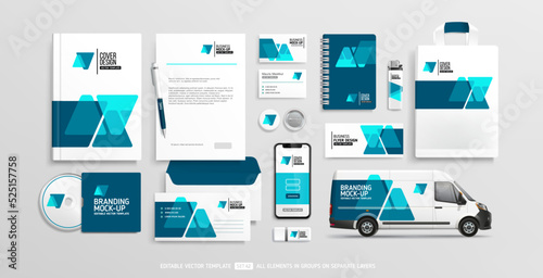Brand Identity Mock-Up of set with blue abstract geometric design. Business office stationary mockup template of, book cover, van car, brochure, smartphone display. Editable vector stationery mock-up