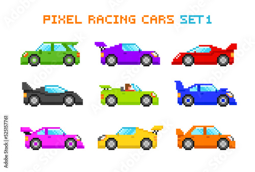 Pixel Racing Cars set for 8-bit game design. Retro game style pixel graphics. Editable pixel car. Isolated vector illustration