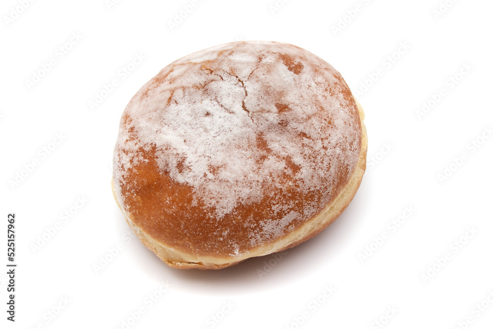 A delicious berliner (berliner donut), isolated on white background. A Berliner is a German donut with no center hole, made of sweet yeast dough fried in fat or oil, with a jam or marmalade filling .