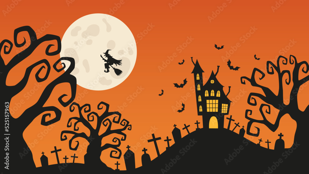 Halloween landscape with spooky trees, cemetery, haunted house and witch on a broomstick in moonlight on orange background. Vector illustration for web design, prints, postcards, party invitations