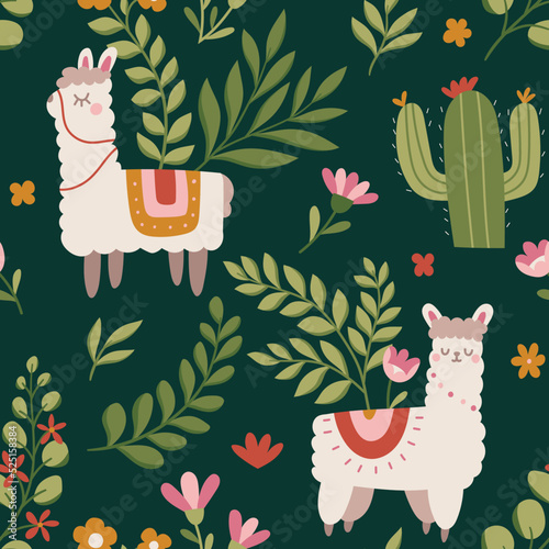 Cute seamless pattern with llama and floral elements. Vector illustration with cartoon drawings for print, fabric, textile.