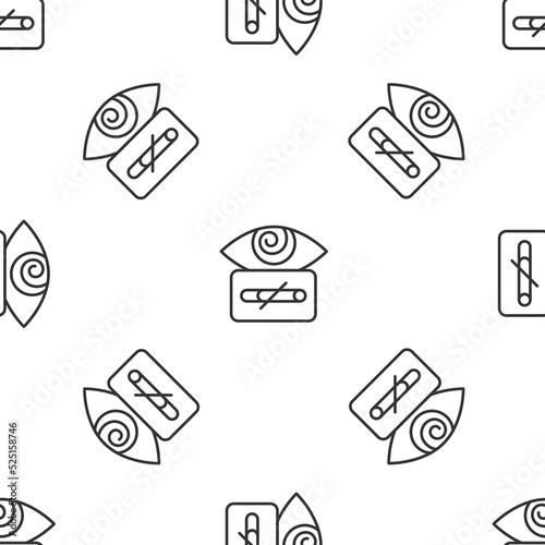 Grey line Hypnosis icon isolated seamless pattern on white background. Human eye with spiral hypnotic iris. Vector