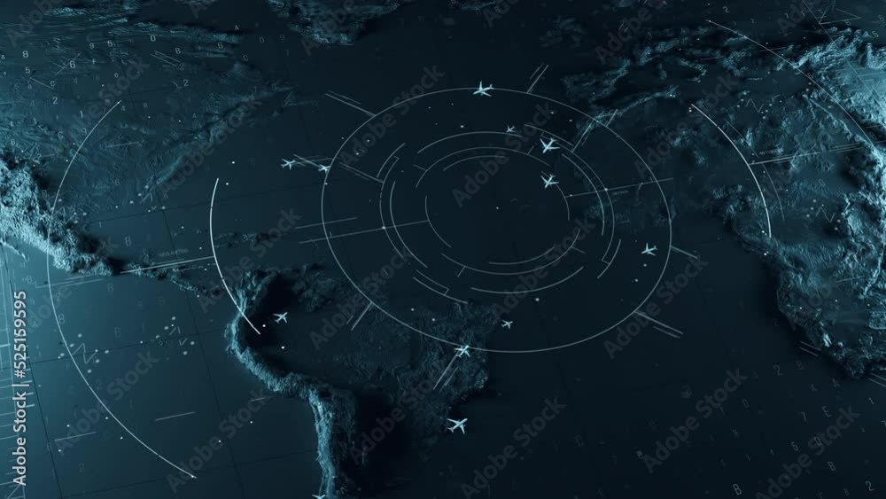 High-tech radar scanner for flight coordinates between countries and continents. Map of International Air Travel between continents and countries.