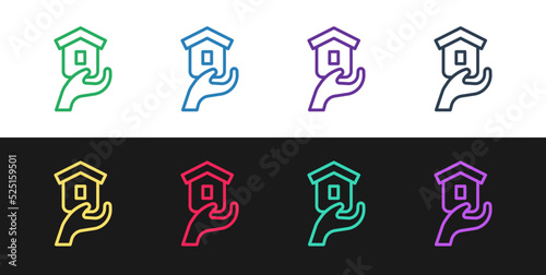 Set line Shelter for homeless icon isolated on black and white background. Emergency housing, temporary residence for people, bums and beggars without home. Vector