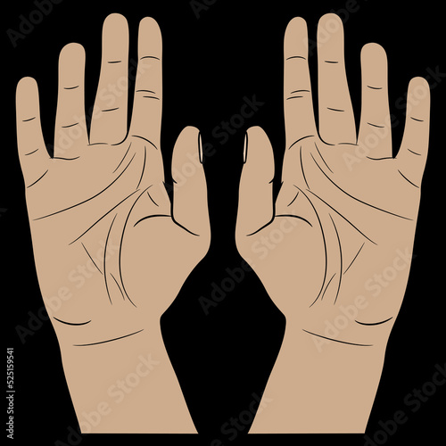 Two raised up human hands with open palms. Capitulation surrender gesture. Cartoon style. On black background.