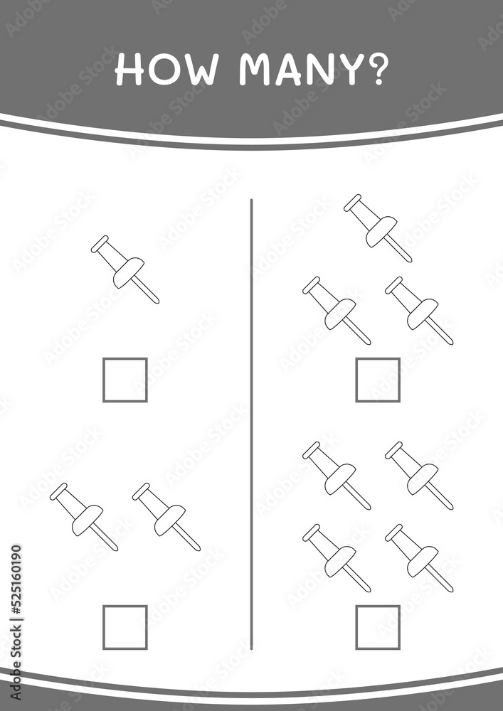 Fototapeta premium How many of Push pin, game for children. Vector illustration, printable worksheet