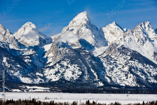 Snow covered Grand Teton Mountains in Grand Teton National Park near Jackson, Wyoming.