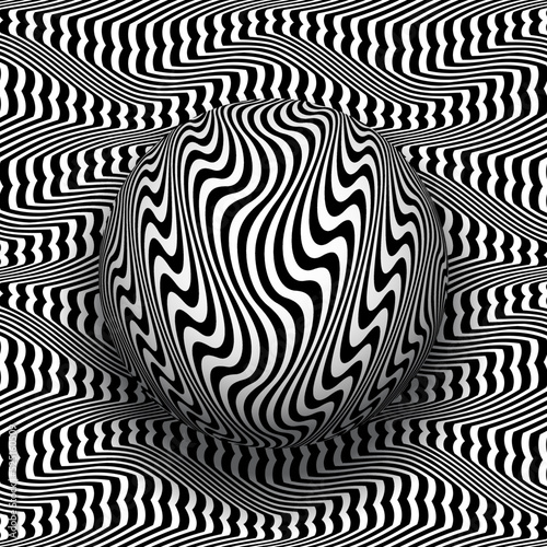 Trippy sphere on wavy patterned surface. Vector black white optical art illustration.
