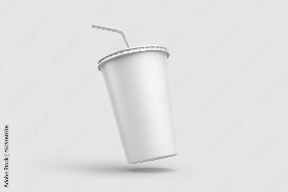 Paper soda cup with straw mockup template, isolated on light grey