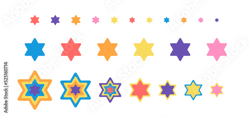 star of David set 24 bright elements in different colors and size Vector illustration in flat style Every object isolated on white background
