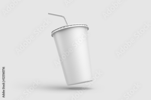 Paper soda cup with straw mockup template, isolated on light grey background. High resolution.