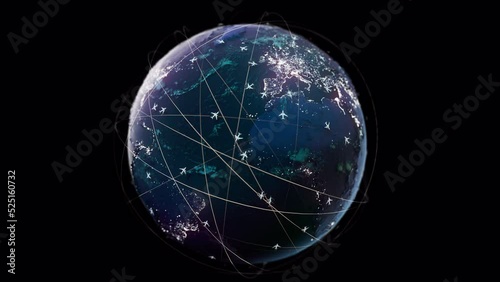 3D model of the Earth and International Flights of airplanes video with alpha channel. Motion graphics and 3D for your high-tech projects.