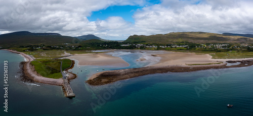 panorama landscape of the village and harbor of Mulranny in County Mayo of western Ireland
