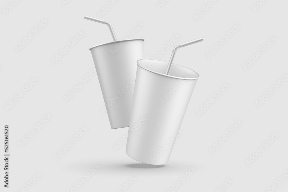 Two paper soda cup with straw mockup template, isolated on light grey background. High resolution. Two paper soda cup with straw mockup template, isolated on light grey background. High resolution.