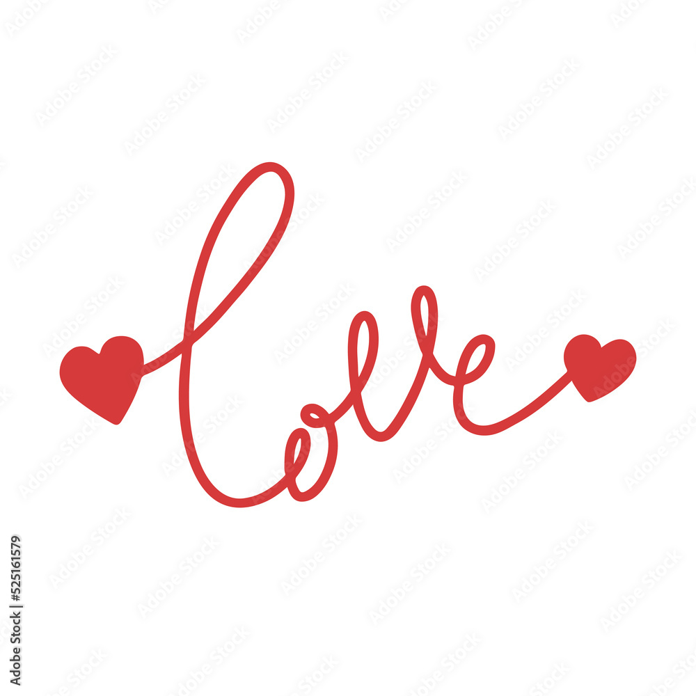 Love word with two red hearts. Vector lettering isolated on white.