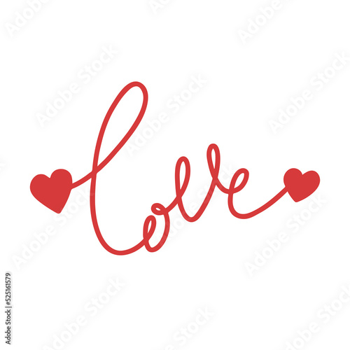 Love word with two red hearts. Vector lettering isolated on white.