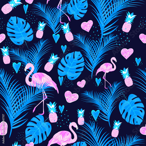 Tropical party seamless pattern. Flamingo, pineapple, palm trees, monstera and hearts. Colorful pattern with glitters. Prints, packaging template, textiles, bedding and wallpaper.