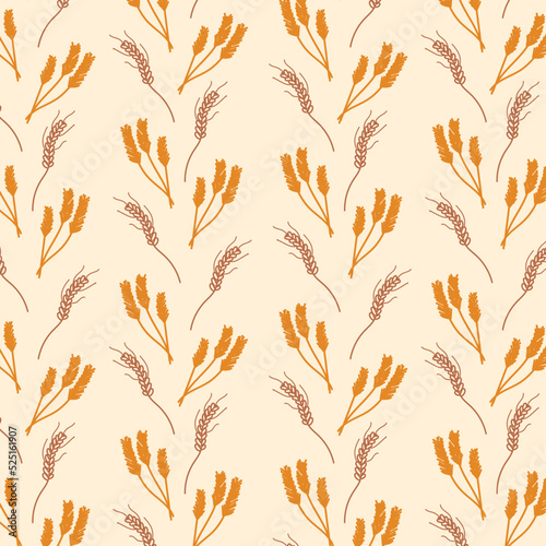 Seamless pattern of ears. Vector pattern with wheat branches, rye, ears. Simple cartoon flat style.