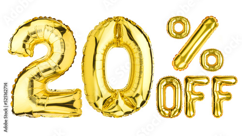 20 Twenty Percent % Off balloons. Sale, Clearance, discount. Yellow Gold foil helium balloon. Word good for store, shop, shopping mall. English Alphabet Letters. Isolated white background.