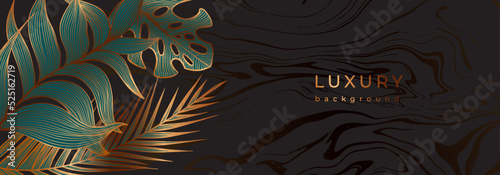 Autumn luxury tropical banner with golden leaves. Bronze monstera, fern, palm leaf in marble black background