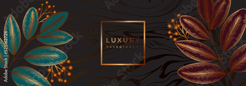 Autumn luxury tropical banner with golden leaves. Ficus branches and berries in marble black background