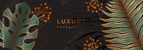 Luxury tropical banner with golden leaves. Monstera, fern, palm leaf, berries in marble black background