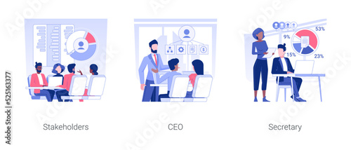 Board of directors isolated concept vector illustration set. Stakeholders discuss business strategy, CEO at business meeting, secretary of company department, corporation hierarchy vector cartoon. © Vector Juice
