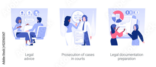 Legal department isolated concept vector illustration set. Legal advice for corporate business, prosecution of cases in court, legal documentation preparation, corporate lawer vector cartoon.