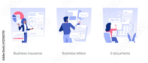 Business agreements isolated concept vector illustration set. Business insurance, reading letters from partners, e-documents, legal company documentation, correspondence vector cartoon.