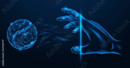 Hand throws a baseball. Polygonal design of lines and dots. Blue background.