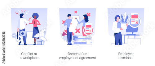 Career problems isolated concept vector illustration set. Conflict at a workplace, breach of an employment agreement, employee dismissal, HR management, get fired, staff reduction vector cartoon.