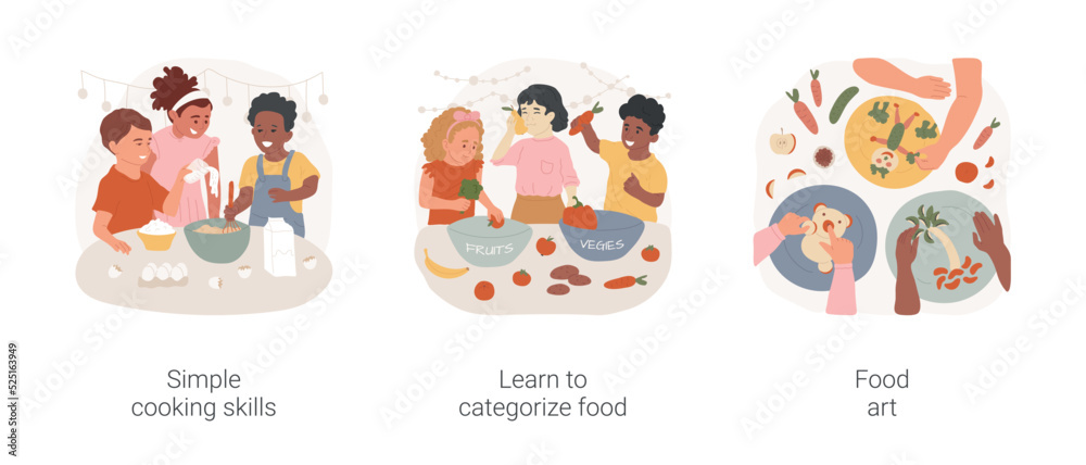 Cooking skills in early education isolated cartoon vector illustration set. Simple cooking skills, learn to categorize food, food art, nutrition in kindergarten, daycare center vector cartoon.