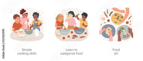 Cooking skills in early education isolated cartoon vector illustration set. Simple cooking skills, learn to categorize food, food art, nutrition in kindergarten, daycare center vector cartoon.