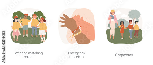 Keeping children safe on field trips isolated cartoon vector illustration set. Wearing matching colors, emergency bracelets, chaperones for excursion outdoors, bright jackets vector cartoon.