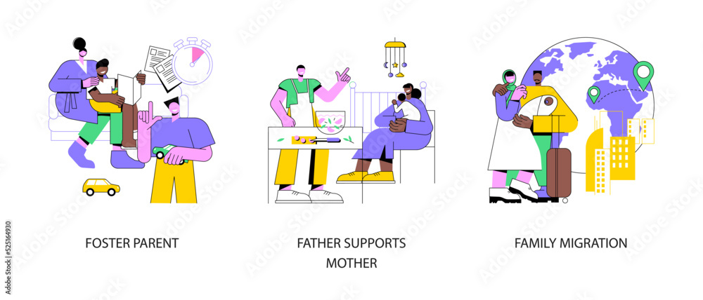 Family life abstract concept vector illustration set. Foster parent, father supports mother, family migration, adopted child, tired mom, immigration program, together at home abstract metaphor.