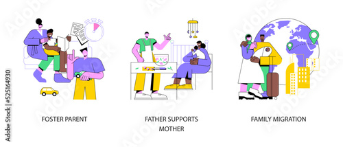 Family life abstract concept vector illustration set. Foster parent, father supports mother, family migration, adopted child, tired mom, immigration program, together at home abstract metaphor.