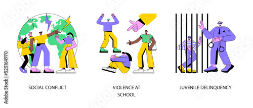Unlawful behavior abstract concept vector illustration set. Social conflict, violence at school, juvenile delinquency, teenage crime, vandalism act, social relations, bullying abstract metaphor.