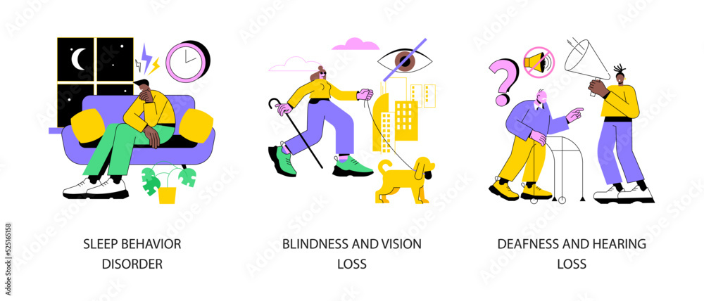 Fototapeta premium Health problems abstract concept vector illustration set. Sleep behavior disorder, blindness and vision loss, deafness and hearing problem, eyes condition, otolaryngologist visit abstract metaphor.