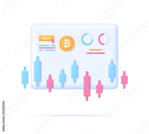 3D Cryptocurrency illustration. Market analytics and trading concept. Trading strategy. Global stock exchanges index. Cryptocurrency transaction. Online banking.