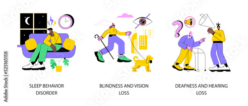 Health problems abstract concept vector illustration set. Sleep behavior disorder, blindness and vision loss, deafness and hearing problem, eyes condition, otolaryngologist visit abstract metaphor.