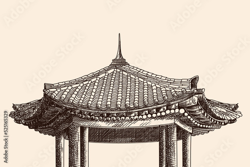 Tiled roof of a Chinese pagoda on columns. Freehand sketch isolated on a beige background.