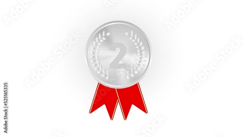 Silver Medal. Silver 2st Place Badge. Sport Game Silver Challenge Award. Red Ribbon photo