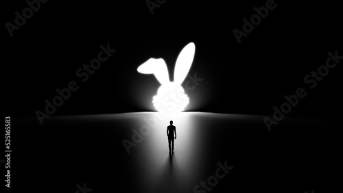 3D Silhouette of a Man Walking Into a Rabbit Hole.