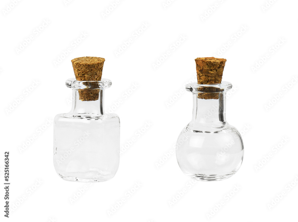 Set of empty glass bottles with cork isolated Set of empty glass bottles with cork isolated