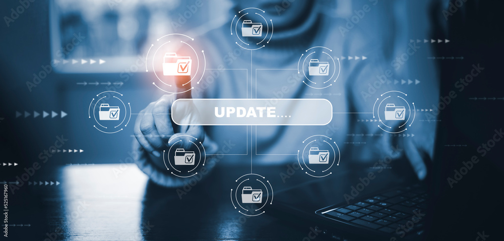 Hand touch bar of Update Software Computer Program Upgrade Business Technology Internet, Update on virtual screen. Internet and technology concept, loading bar with installing the update. Hand touch bar of Update Software Computer Program Upgrade Business Technology Internet, Update on virtual screen. Internet and technology concept, loading bar with installing the update.