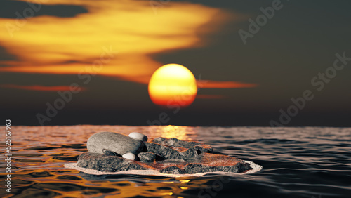 3D rendering stone float in the ocean with ripple in sunset time.