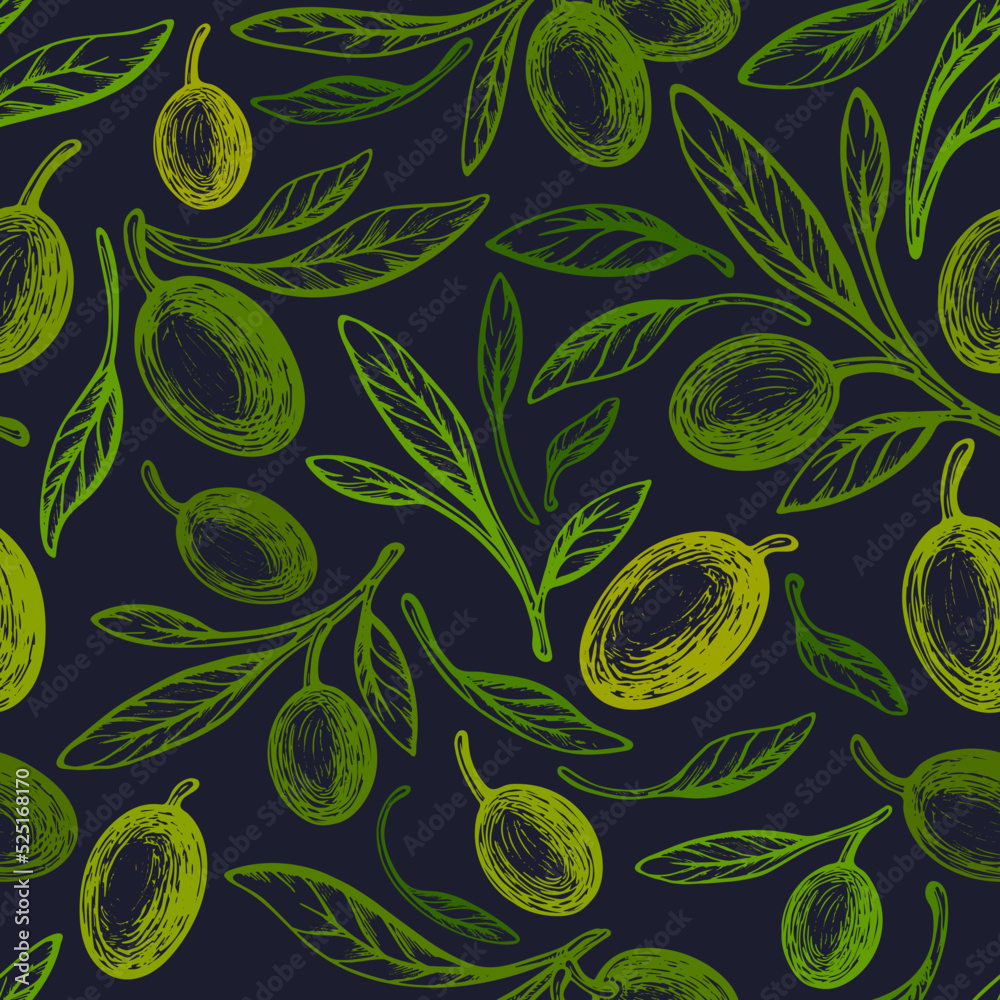 Green olive branch. Art vintage seamless pattern