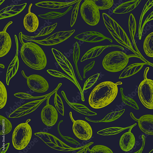 Green olive branch. Art vintage seamless pattern
