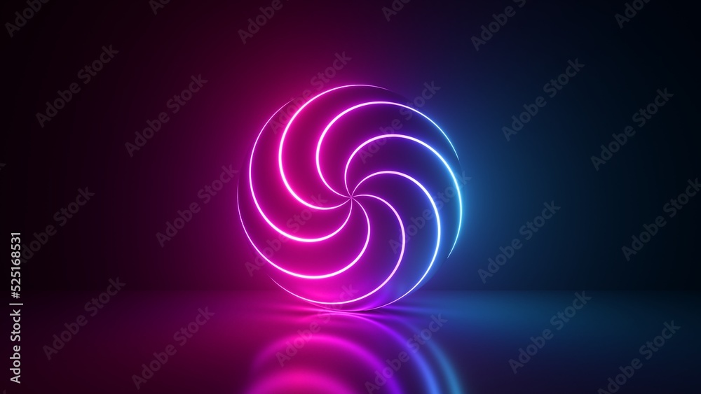 3d rendering, abstract pink blue background with glowing twisted neon ...